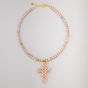 Colier de perle roz cu cruce - imagine 3